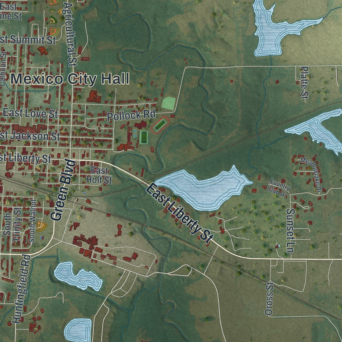 Second close-up of the map of Mexico, Missouri print showing more streets and buildings