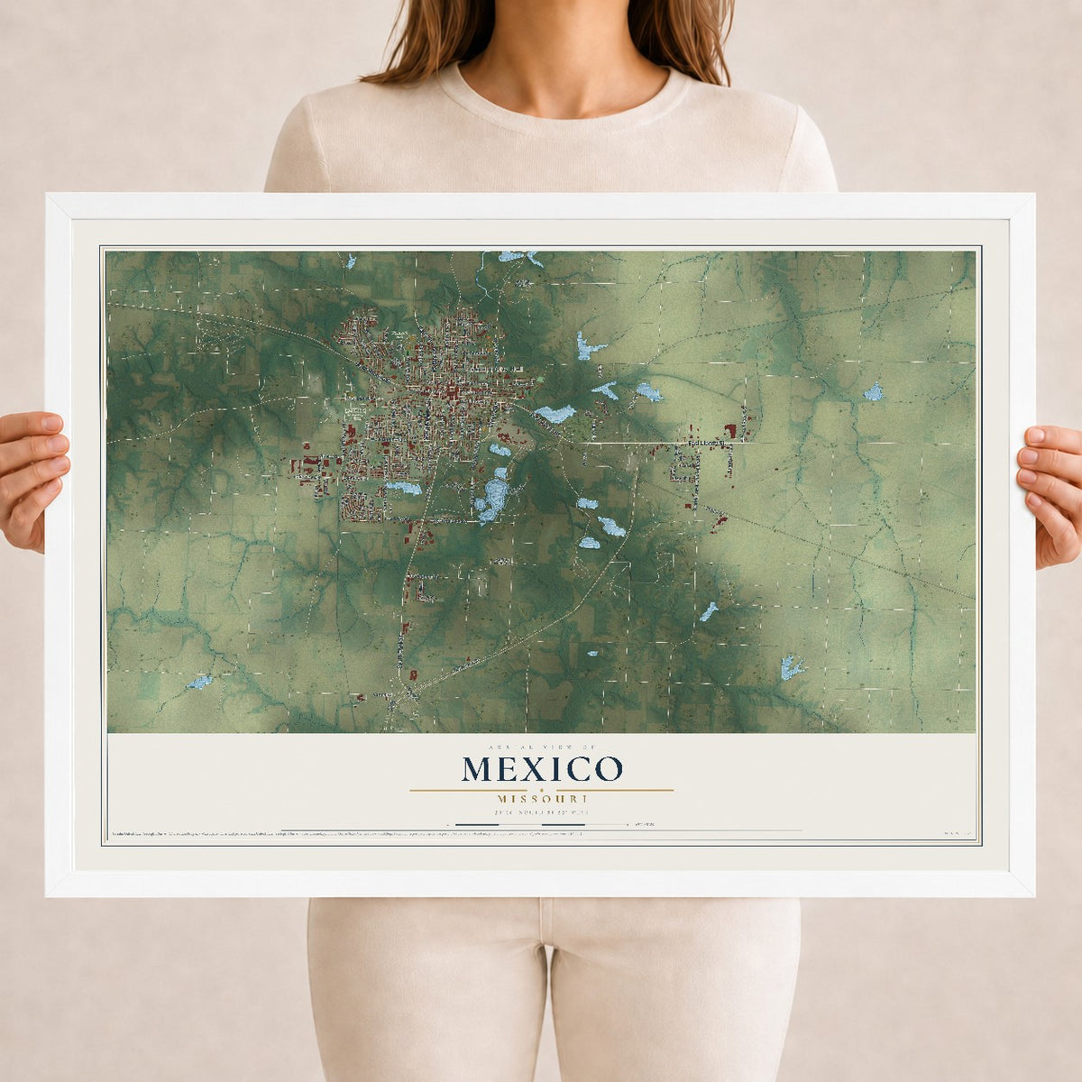 Map of Mexico, Missouri, 18 x 24 inch print in a white wood frame