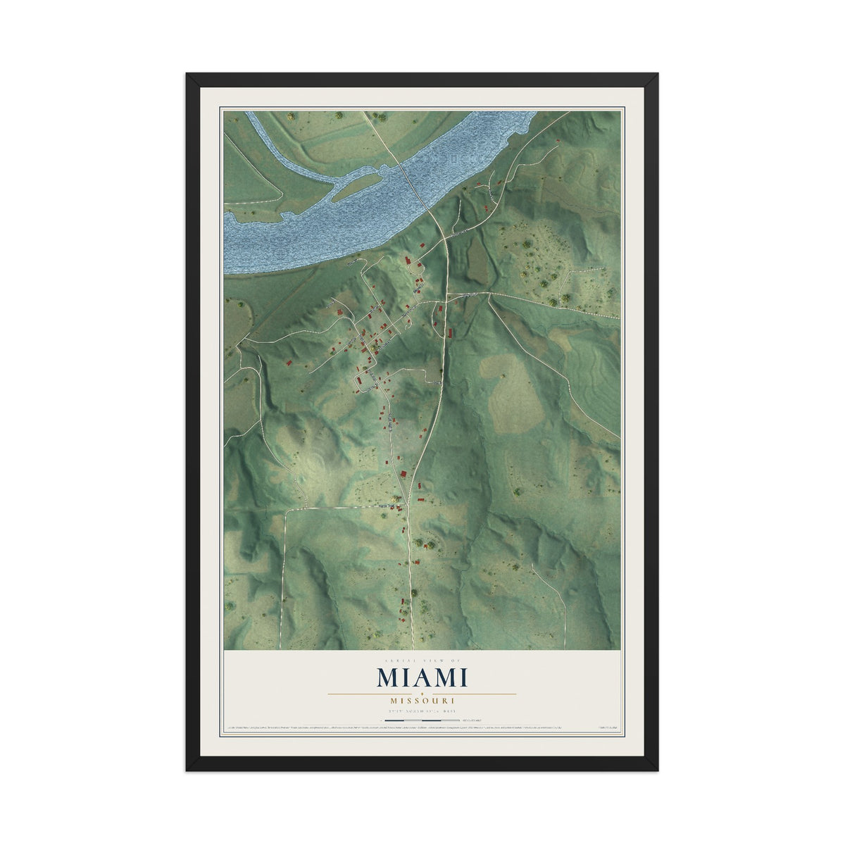 Map of Miami, Missouri, 12 x 18 inch print in a black wood frame