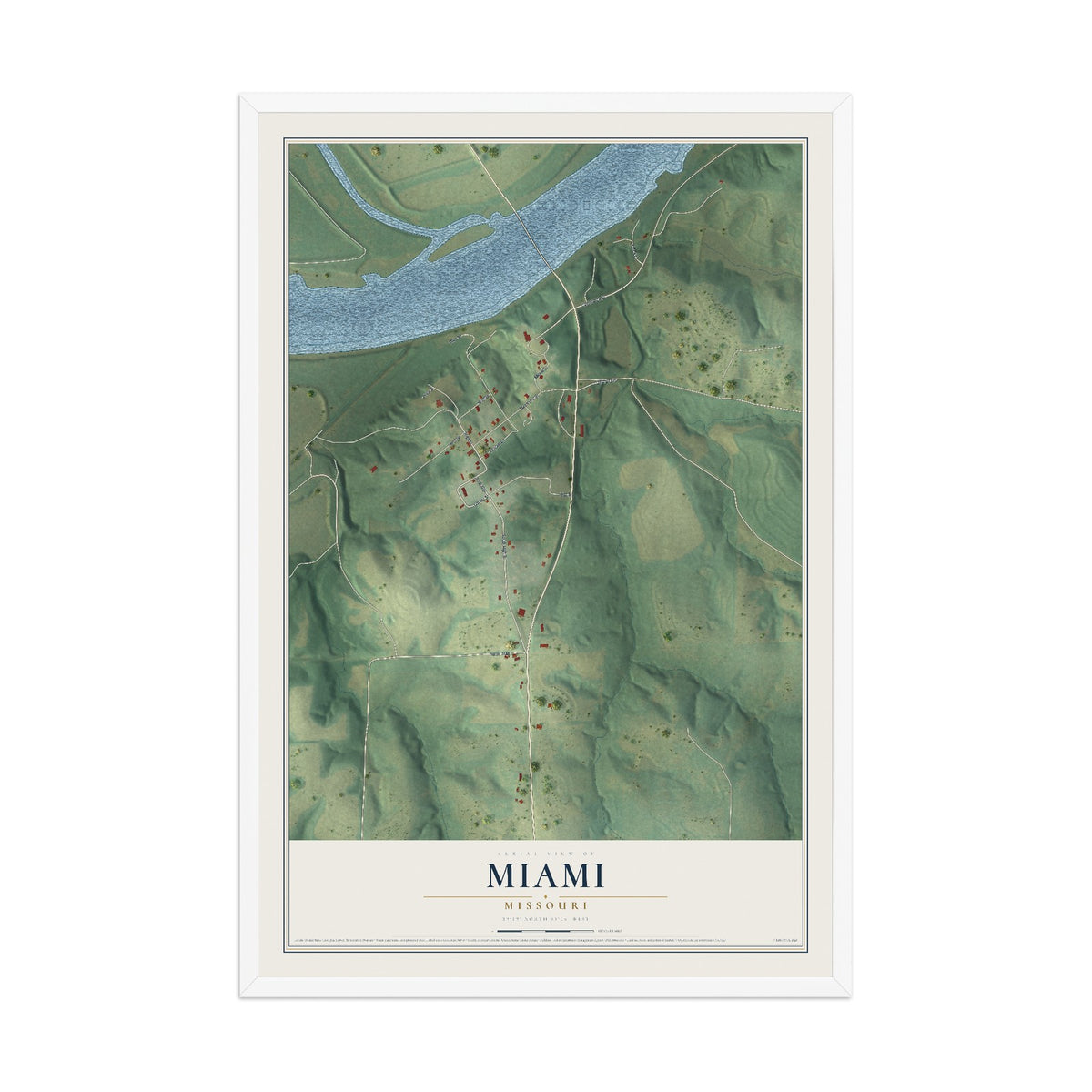 Map of Miami, Missouri, 12 x 18 inch print in a white wood frame