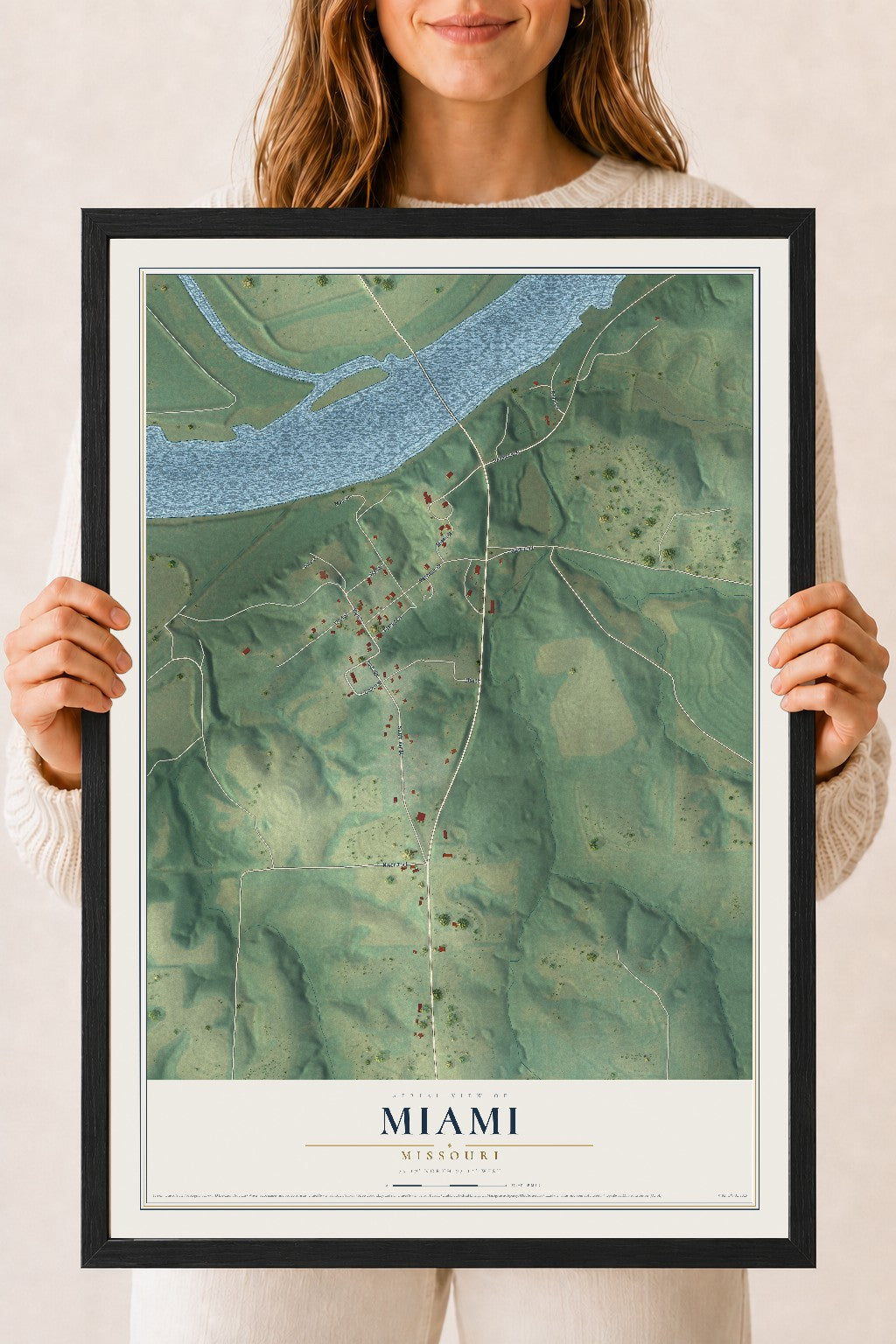 Map of Miami, Missouri, 18 x 24 inch print in a black wood frame