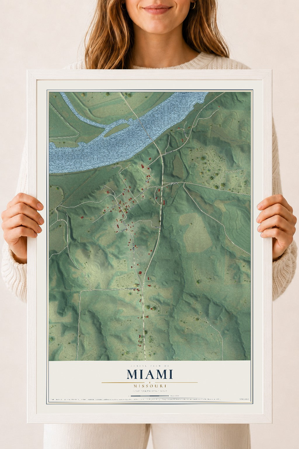 Map of Miami, Missouri, 18 x 24 inch print in a white wood frame