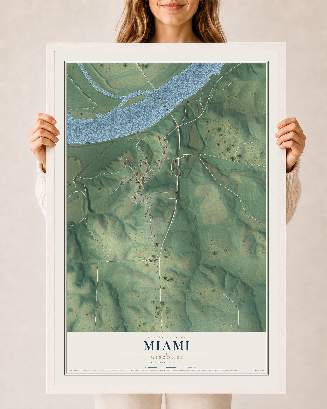 Map of Miami, Missouri, 24 x 36 inch print in a white wood frame