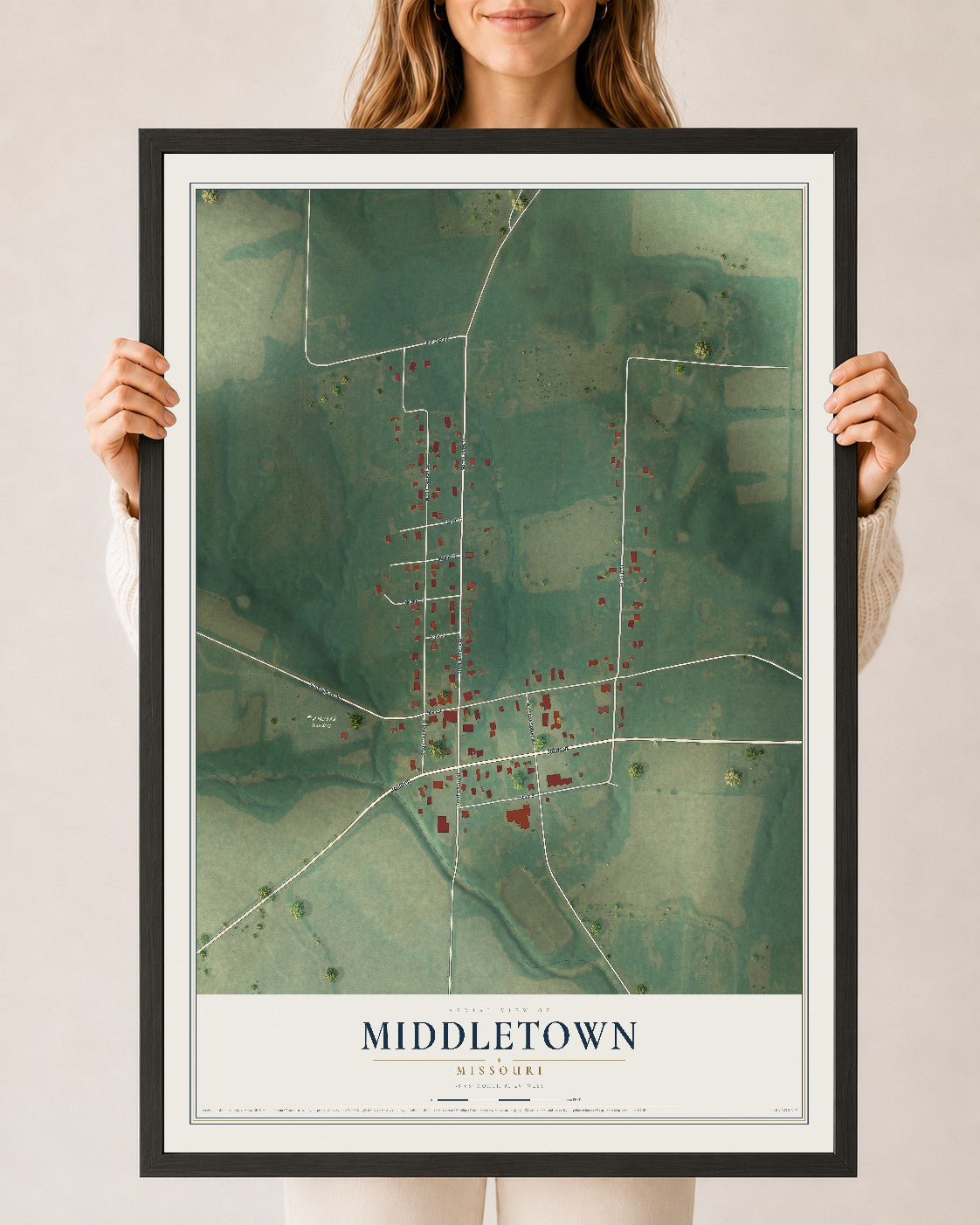 Map of Middletown, Missouri, 24 x 36 inch print in a black wood frame
