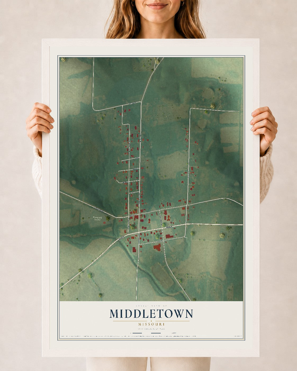 Map of Middletown, Missouri, 24 x 36 inch print in a white wood frame