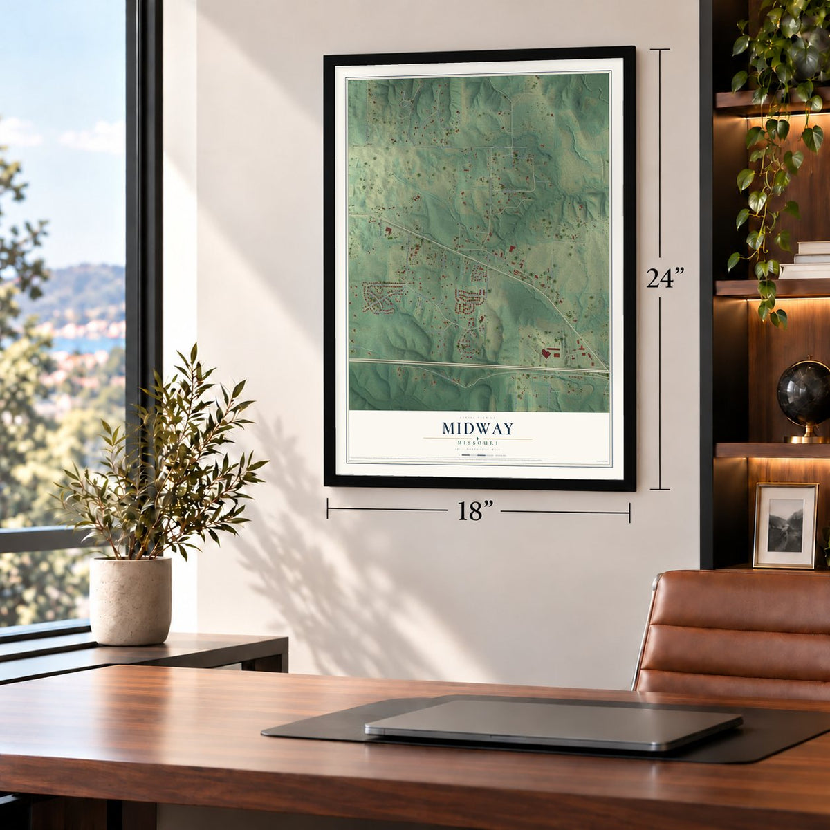 Midway, Missouri map, 18 x 24 inch print in a black frame in a home office