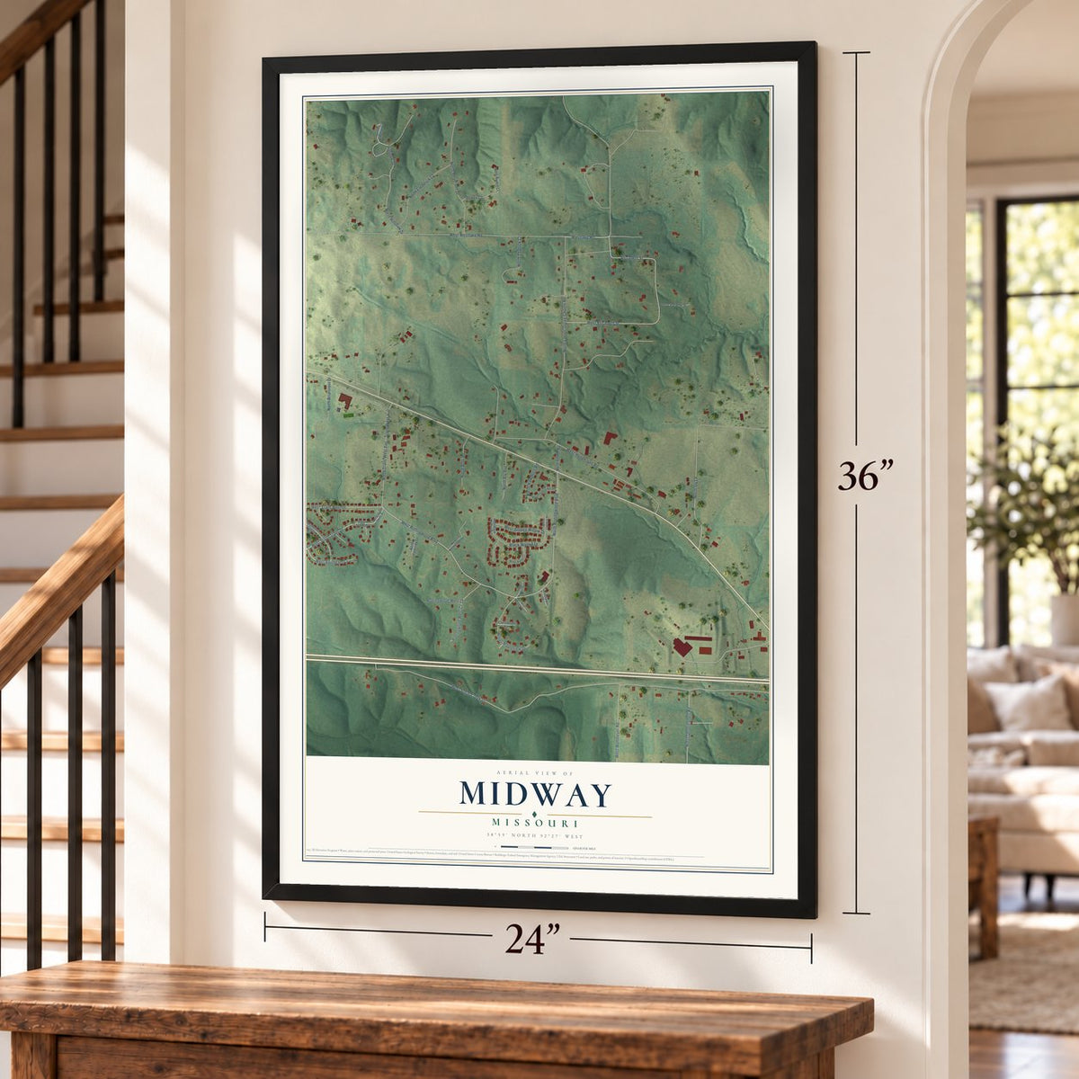 Midway, Missouri map, 24 x 36 inch print in a black frame by a staircase