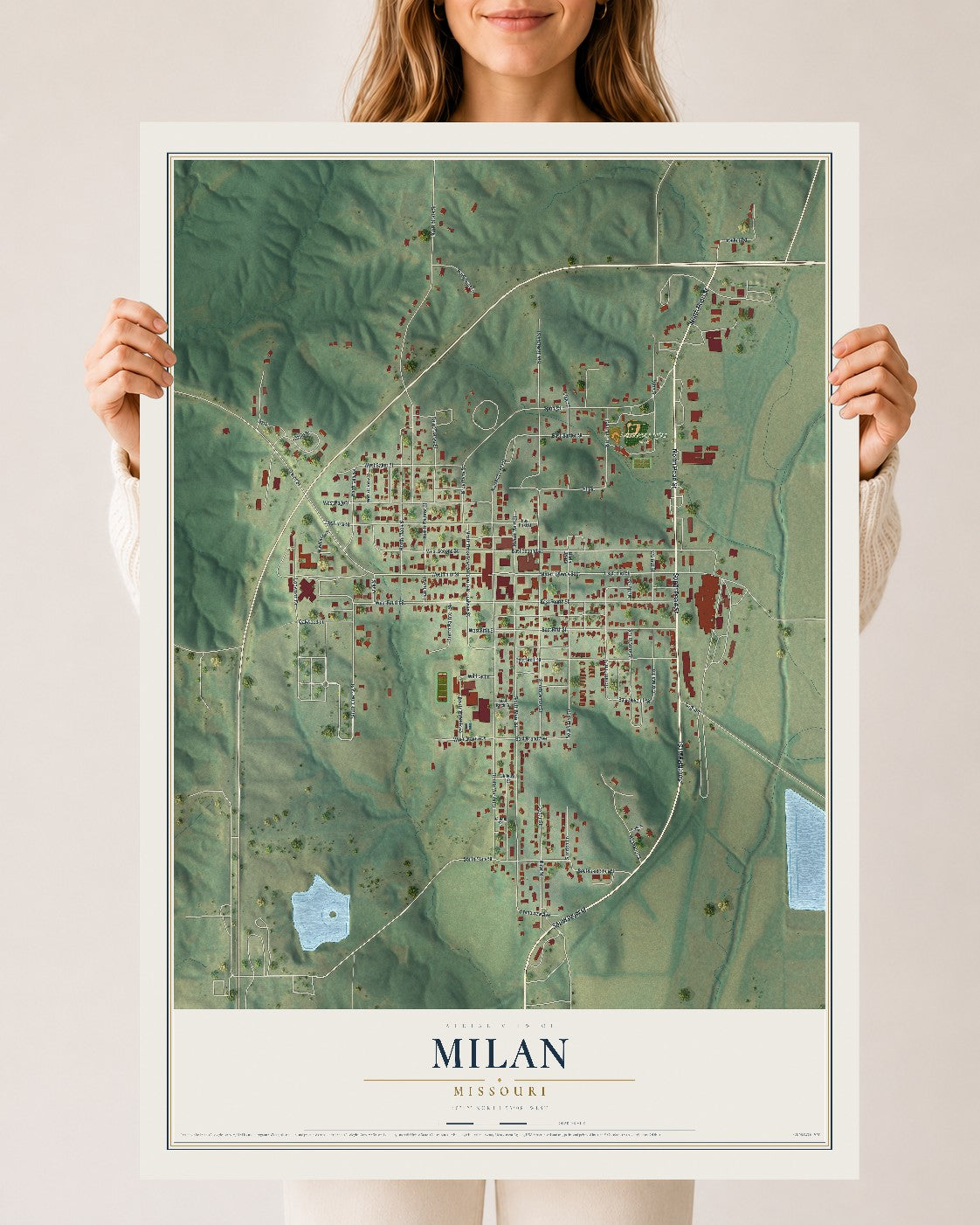 Map of Milan, Missouri, 24 x 36 inch unframed archival matte print