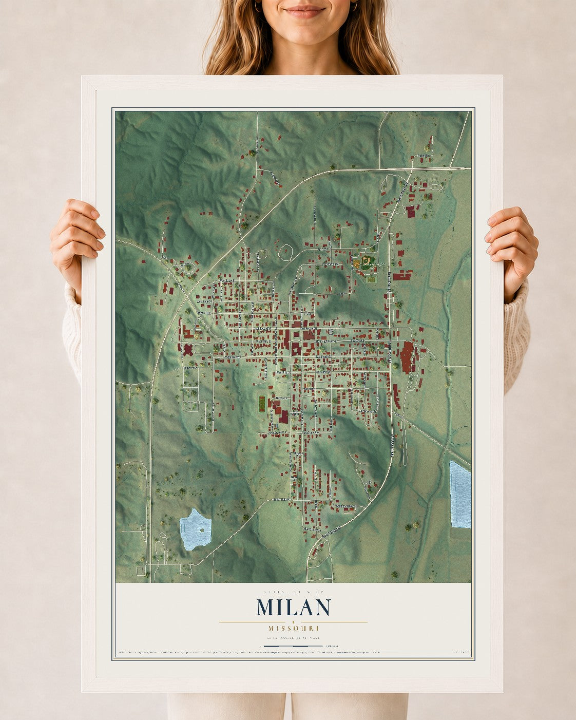 Map of Milan, Missouri, 24 x 36 inch print in a white wood frame