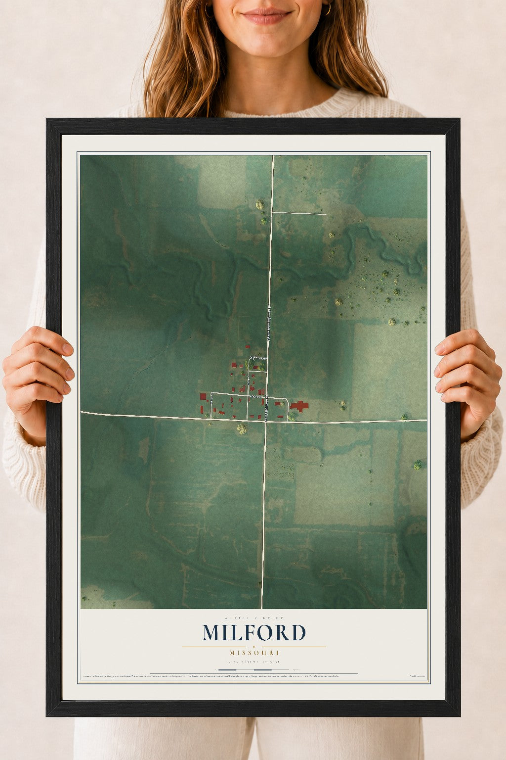 Map of Milford, Missouri, 18 x 24 inch print in a black wood frame