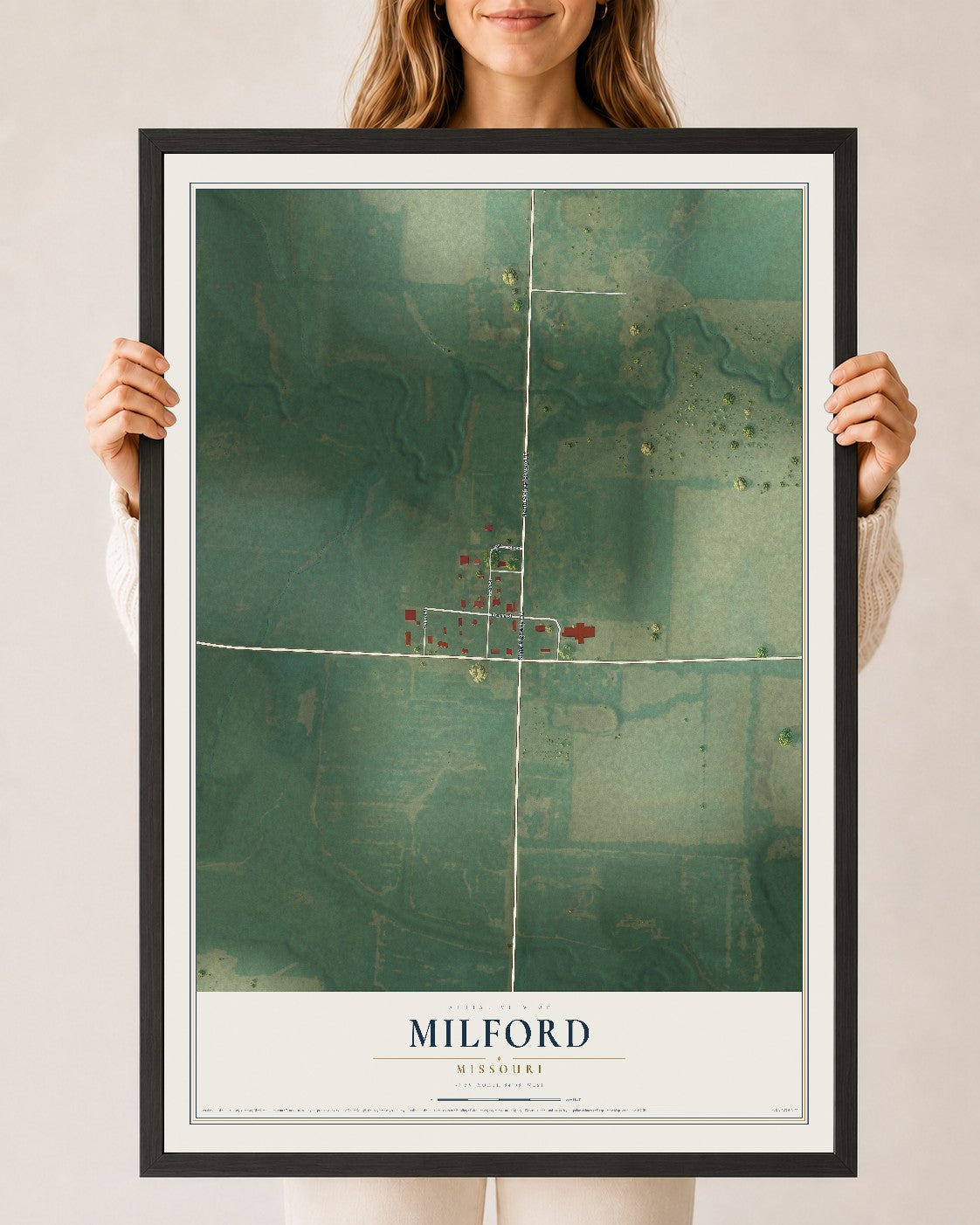 Map of Milford, Missouri, 24 x 36 inch print in a black wood frame