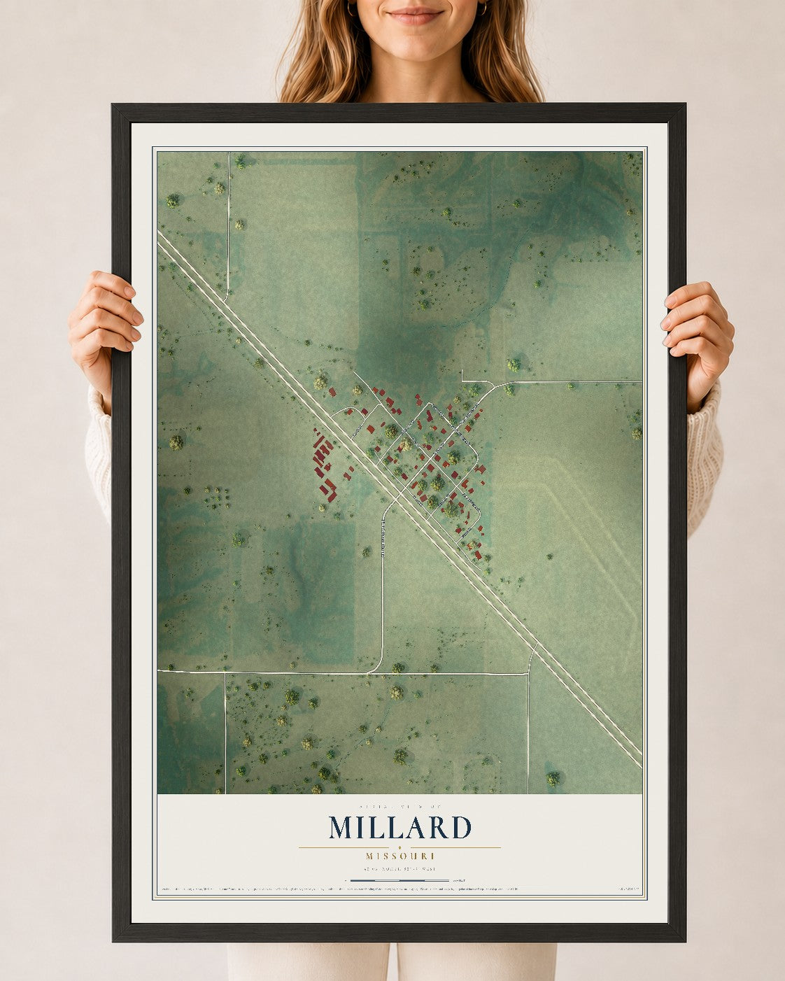 Map of Millard, Missouri, 24 x 36 inch print in a black wood frame