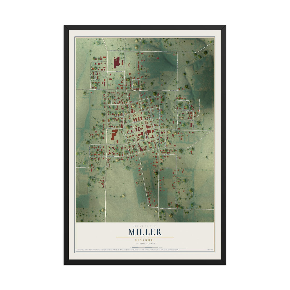 Map of Miller, Missouri, 12 x 18 inch print in a black wood frame