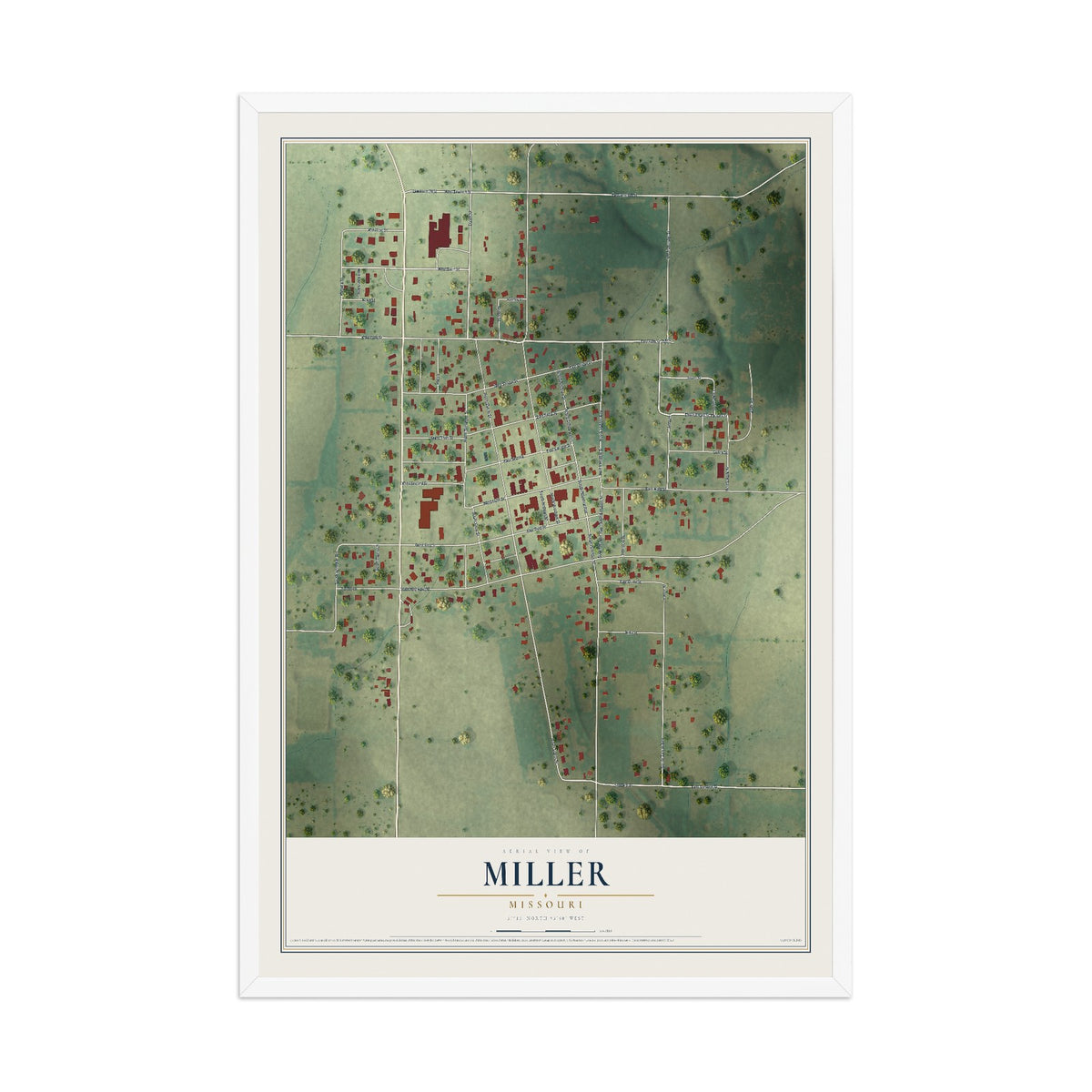 Map of Miller, Missouri, 12 x 18 inch print in a white wood frame