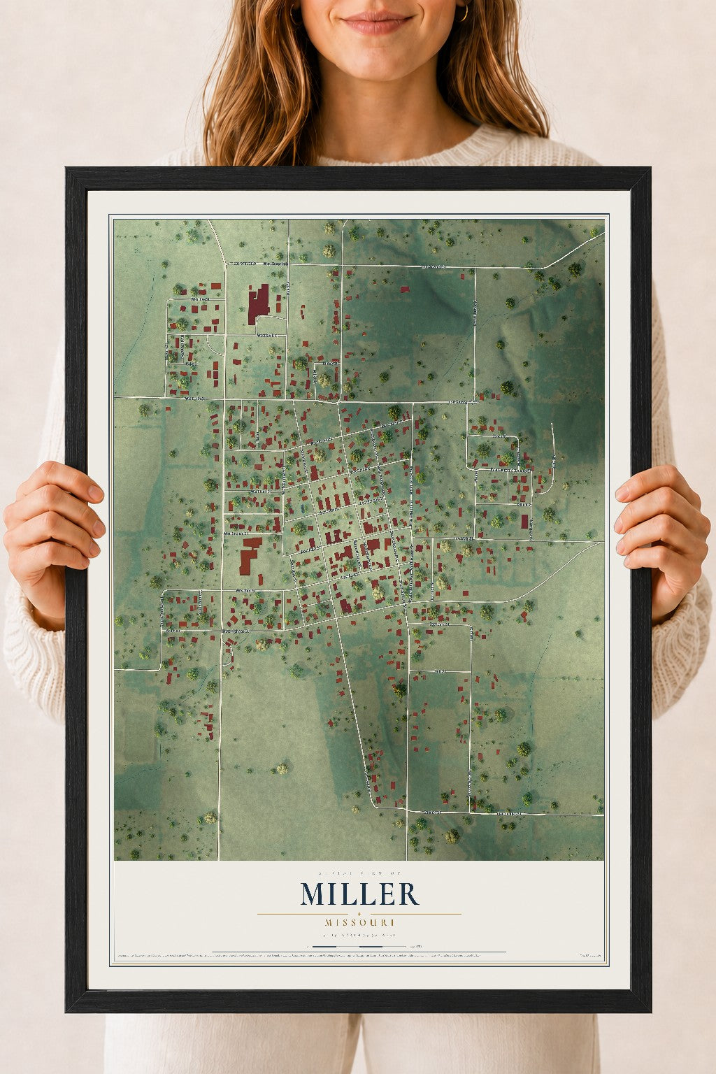 Map of Miller, Missouri, 18 x 24 inch print in a black wood frame