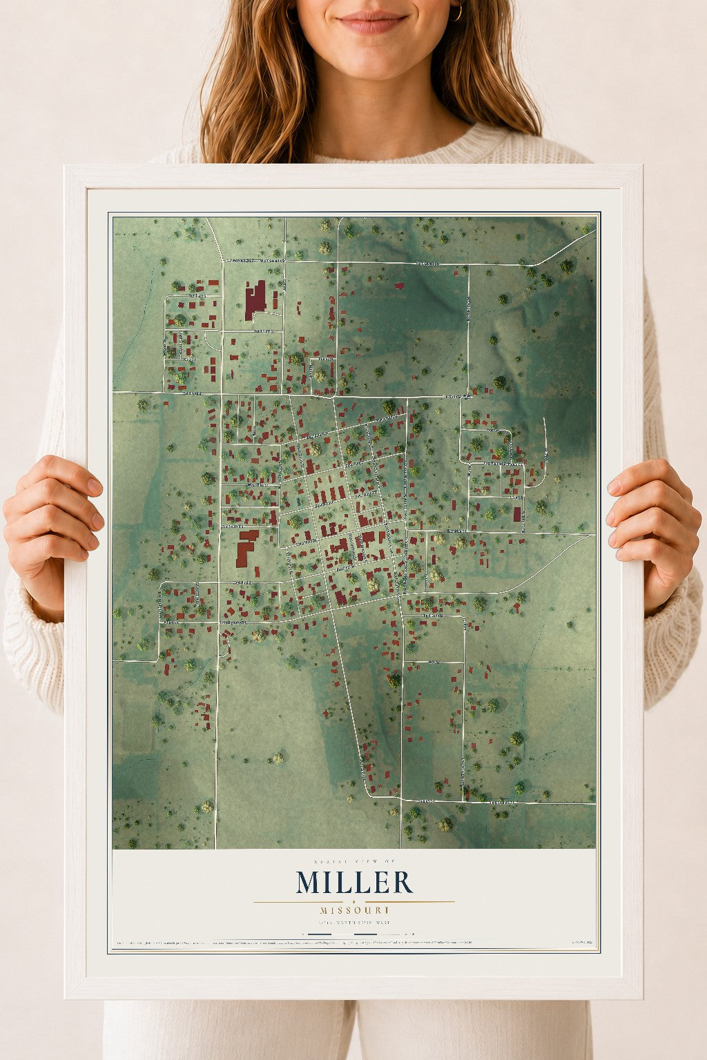Map of Miller, Missouri, 18 x 24 inch print in a white wood frame