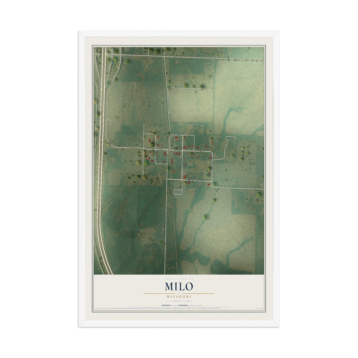 Map of Milo, Missouri, 12 x 18 inch print in a white wood frame