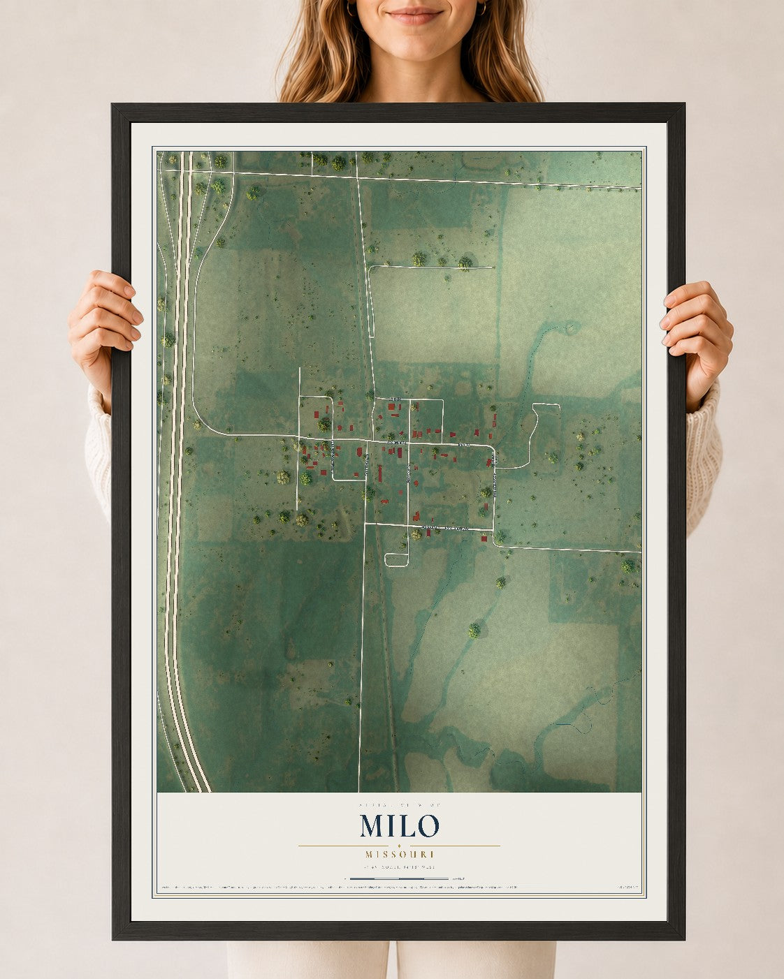 Map of Milo, Missouri, 24 x 36 inch print in a black wood frame