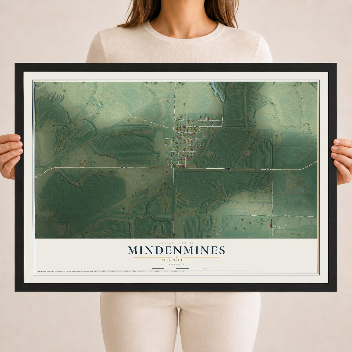 Map of Mindenmines, Missouri, 18 x 24 inch print in a black wood frame