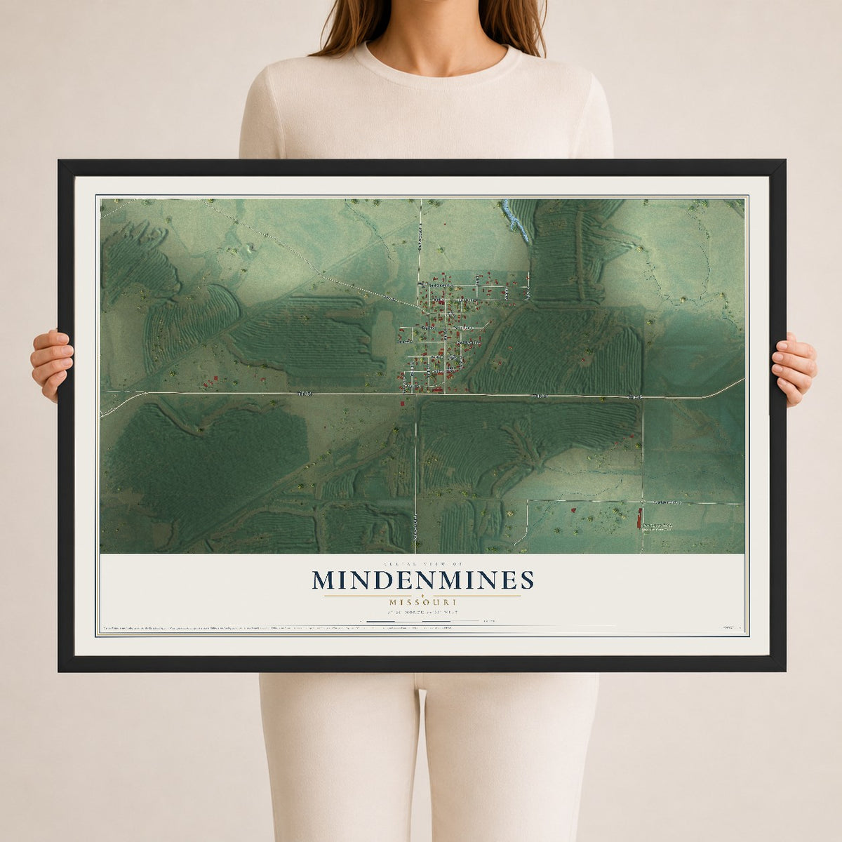 Map of Mindenmines, Missouri, 24 x 36 inch print in a black wood frame