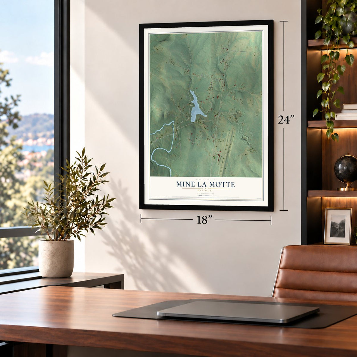 Mine La Motte, Missouri map, 18 x 24 inch print in a black frame in a home office