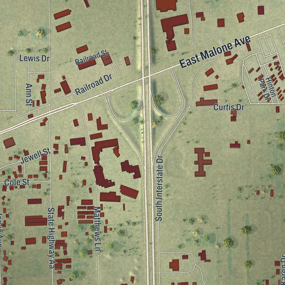 Close-up of the map of Miner, Missouri print showing street and building detail