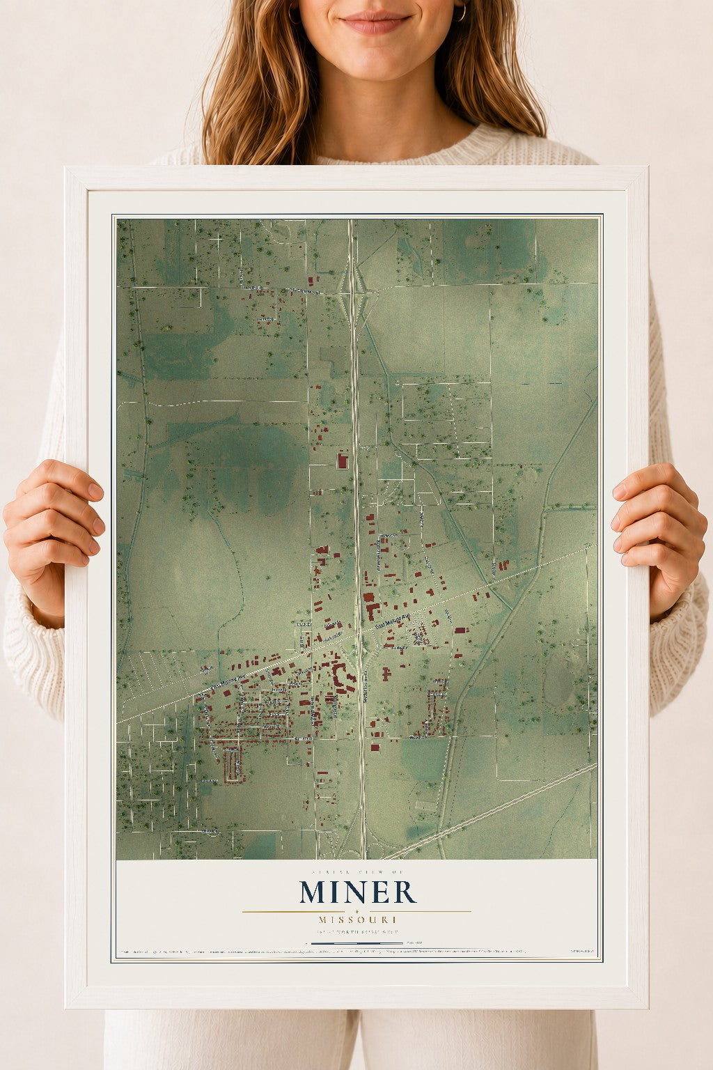 Map of Miner, Missouri, 18 x 24 inch print in a white wood frame