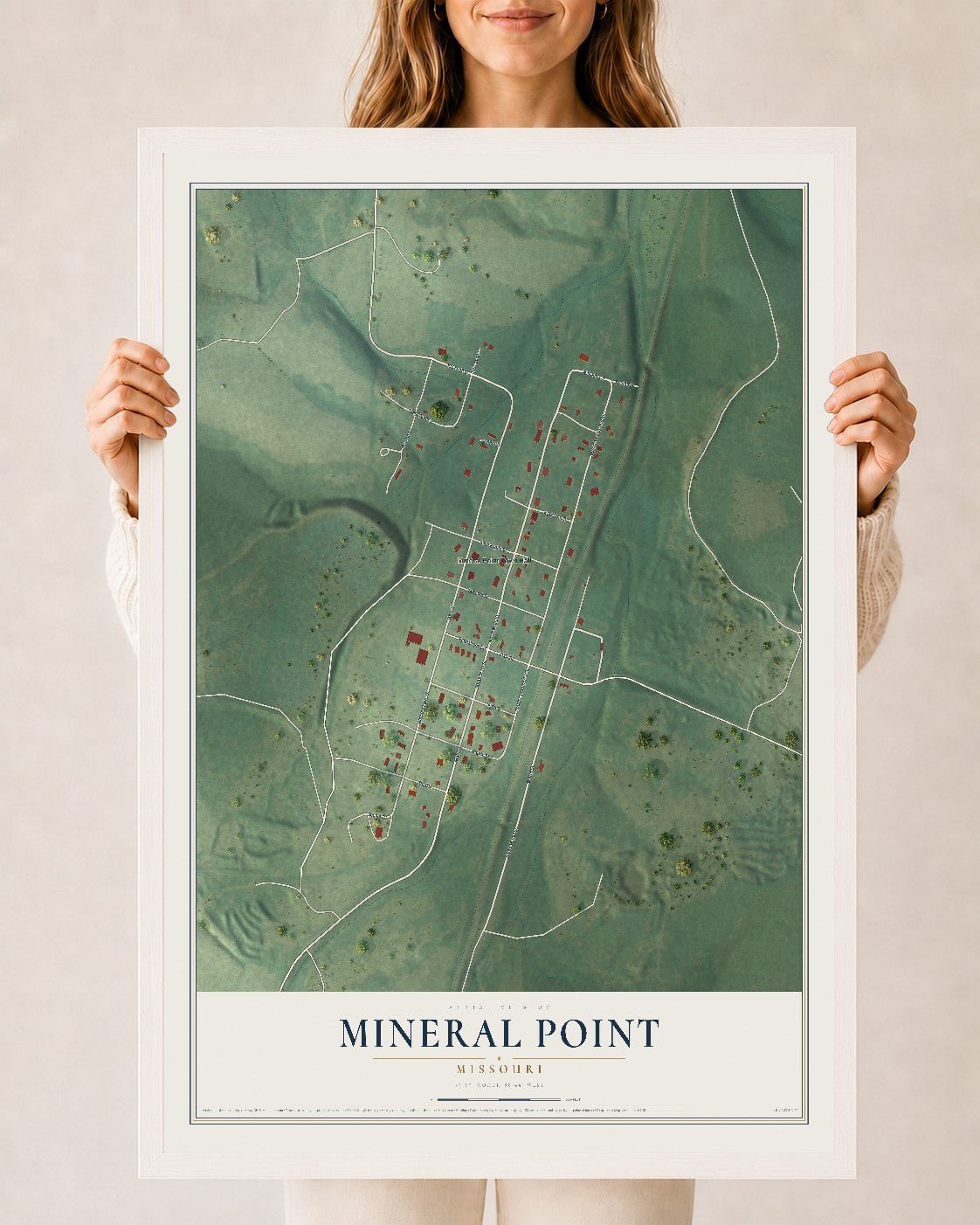 Map of Mineral Point, Missouri, 24 x 36 inch print in a white wood frame