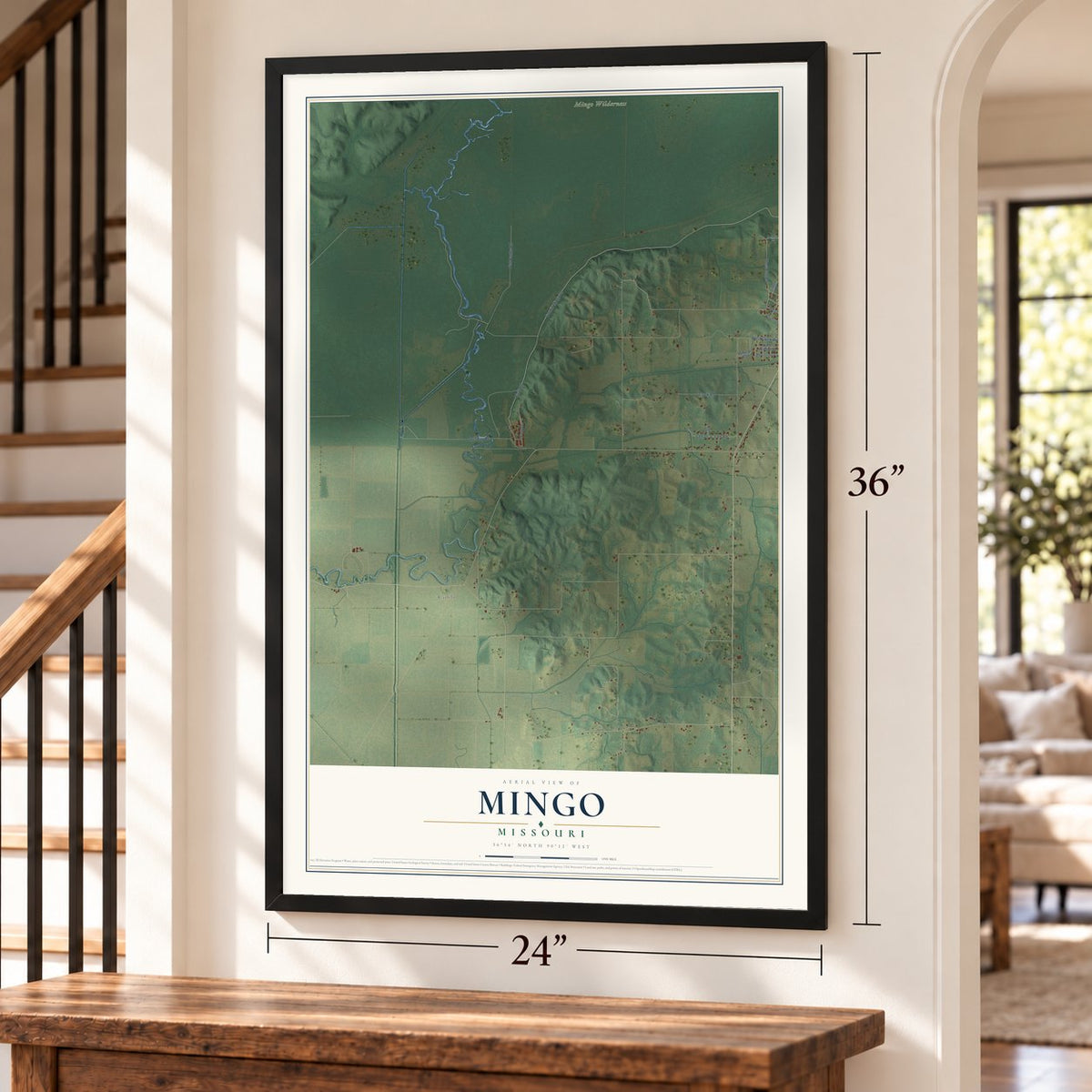 Mingo, Missouri map, 24 x 36 inch print in a black frame by a staircase