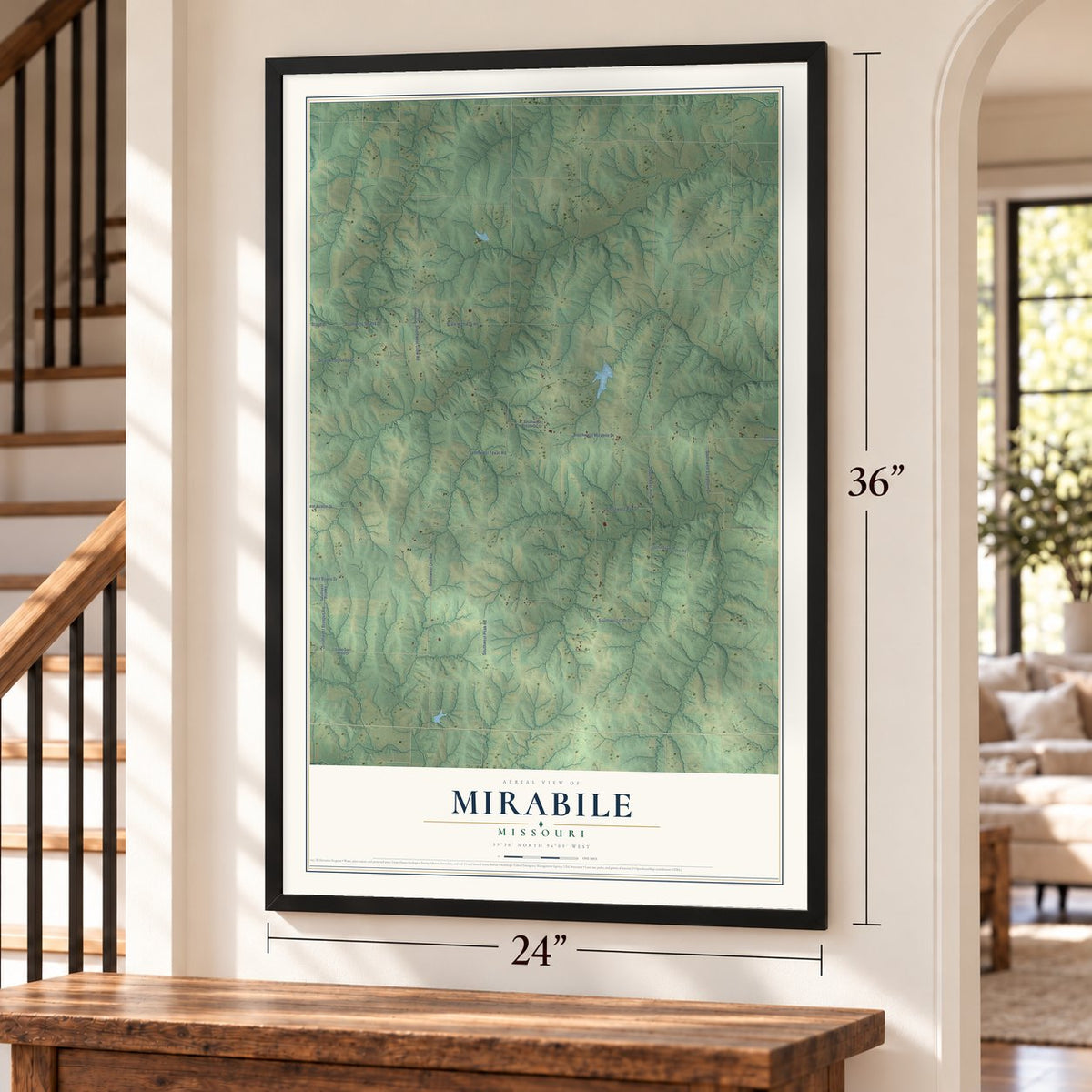 Mirabile, Missouri map, 24 x 36 inch print in a black frame by a staircase