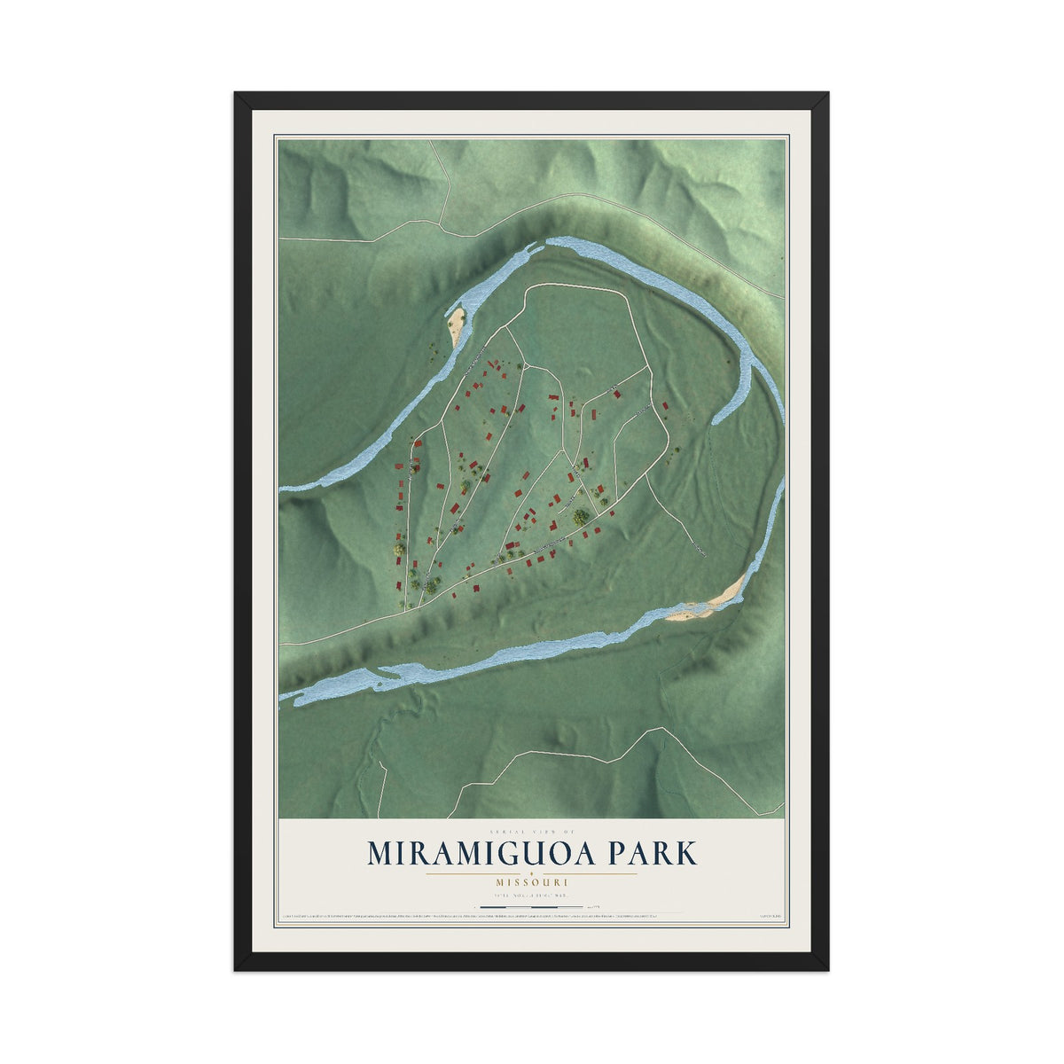 Map of Miramiguoa Park, Missouri, 12 x 18 inch print in a black wood frame