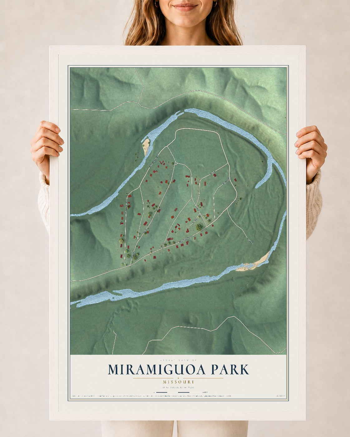Map of Miramiguoa Park, Missouri, 24 x 36 inch print in a white wood frame