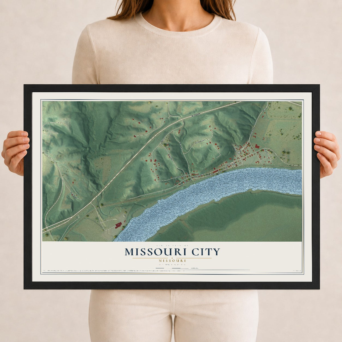 Map of Missouri City, Missouri, 12 x 18 inch print in a black wood frame