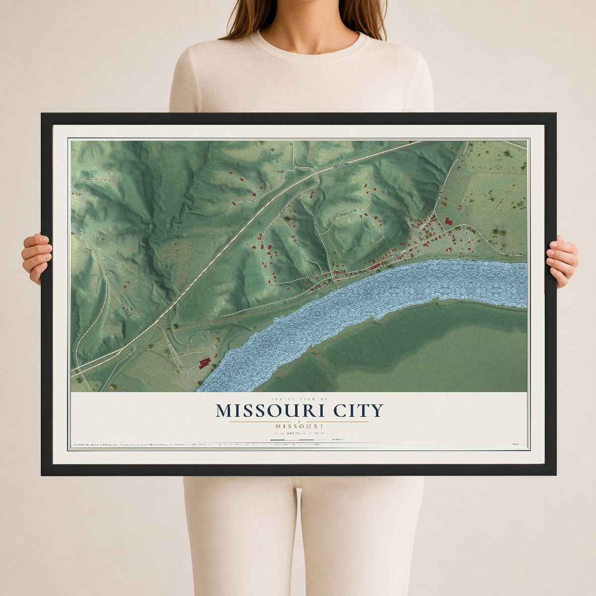 Map of Missouri City, Missouri, 24 x 36 inch print in a black wood frame
