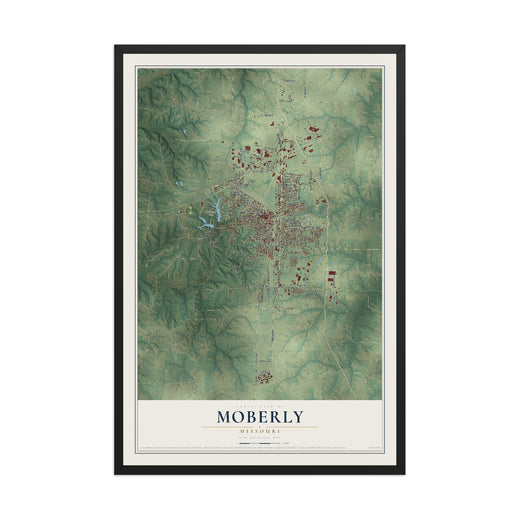 Map of Moberly, Missouri, 12 x 18 inch print in a black wood frame