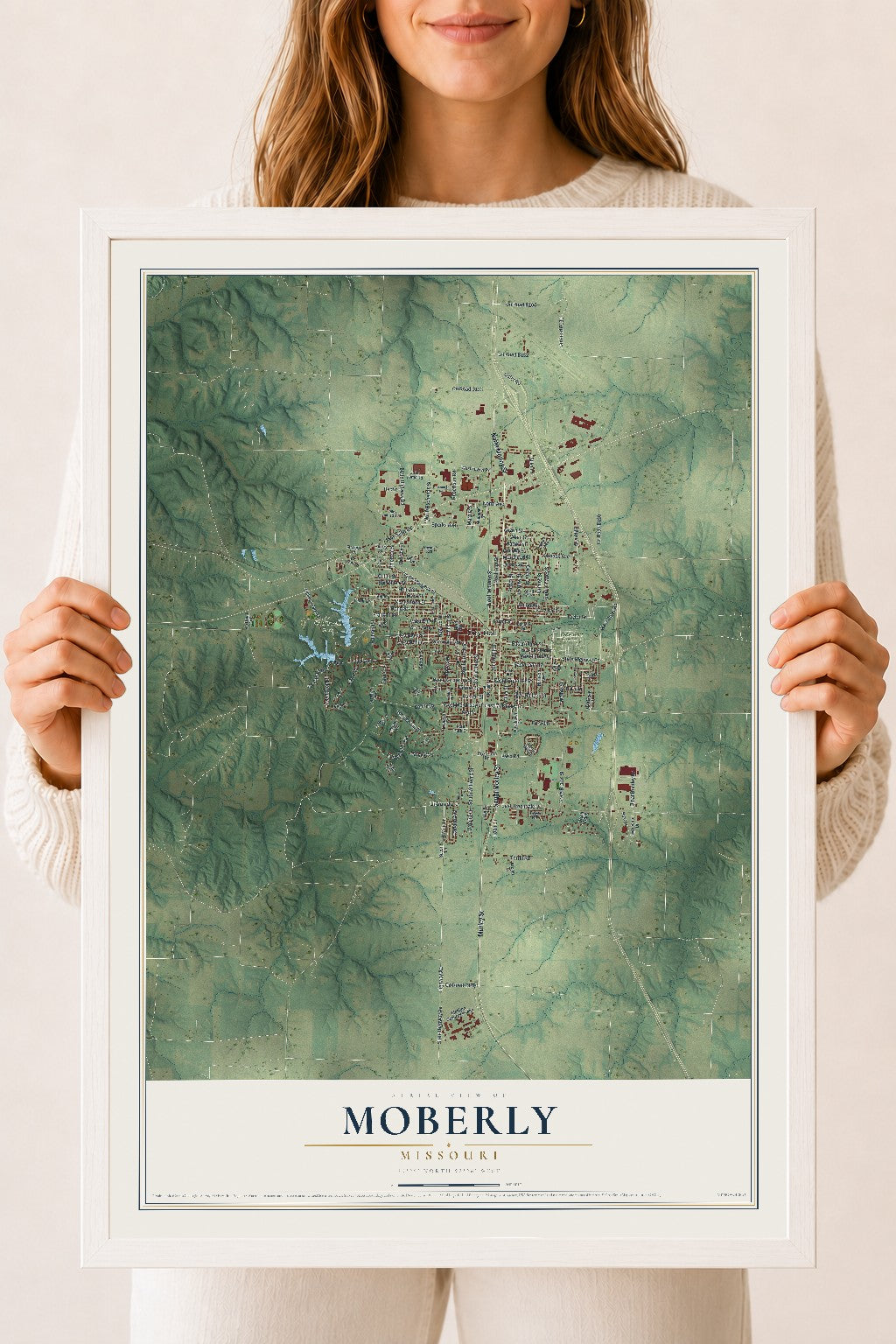 Map of Moberly, Missouri, 18 x 24 inch print in a white wood frame