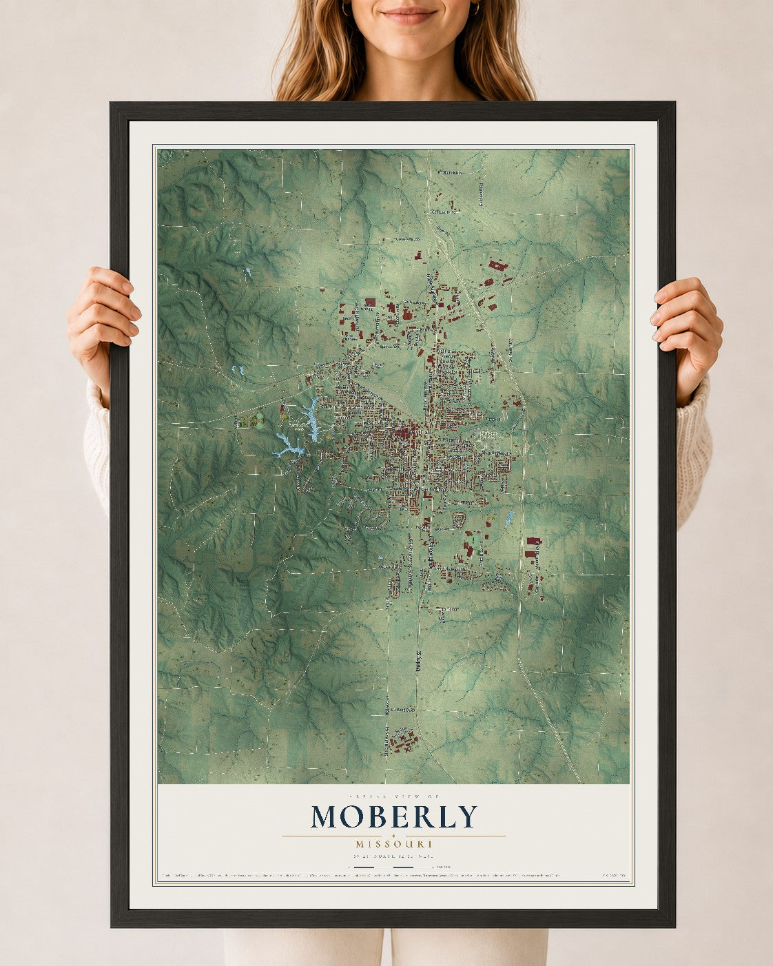 Map of Moberly, Missouri, 24 x 36 inch print in a black wood frame