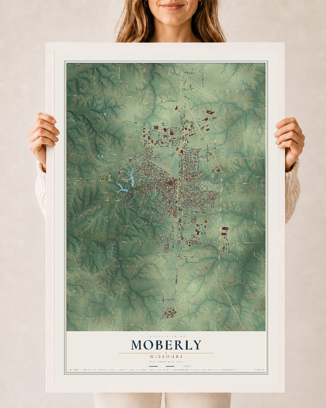 Map of Moberly, Missouri, 24 x 36 inch print in a white wood frame