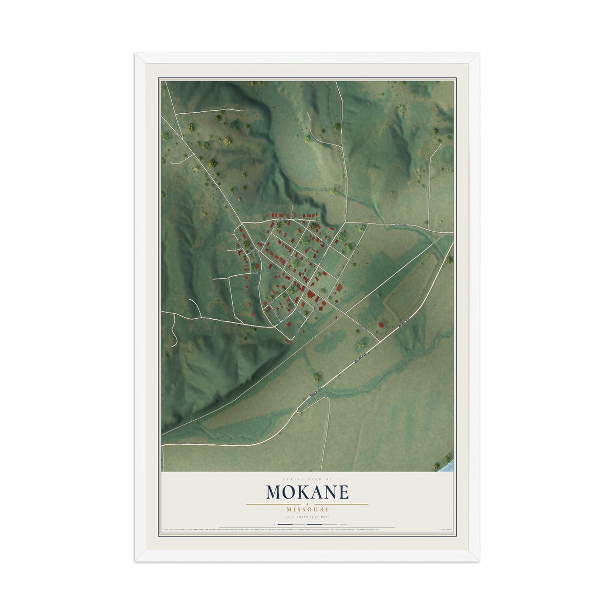 Map of Mokane, Missouri, 12 x 18 inch print in a white wood frame