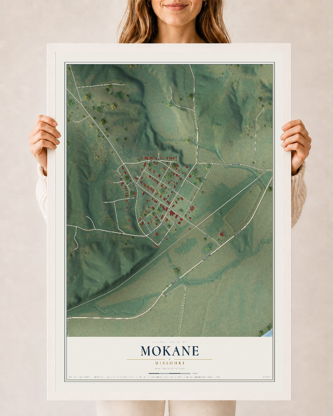 Map of Mokane, Missouri, 24 x 36 inch print in a white wood frame