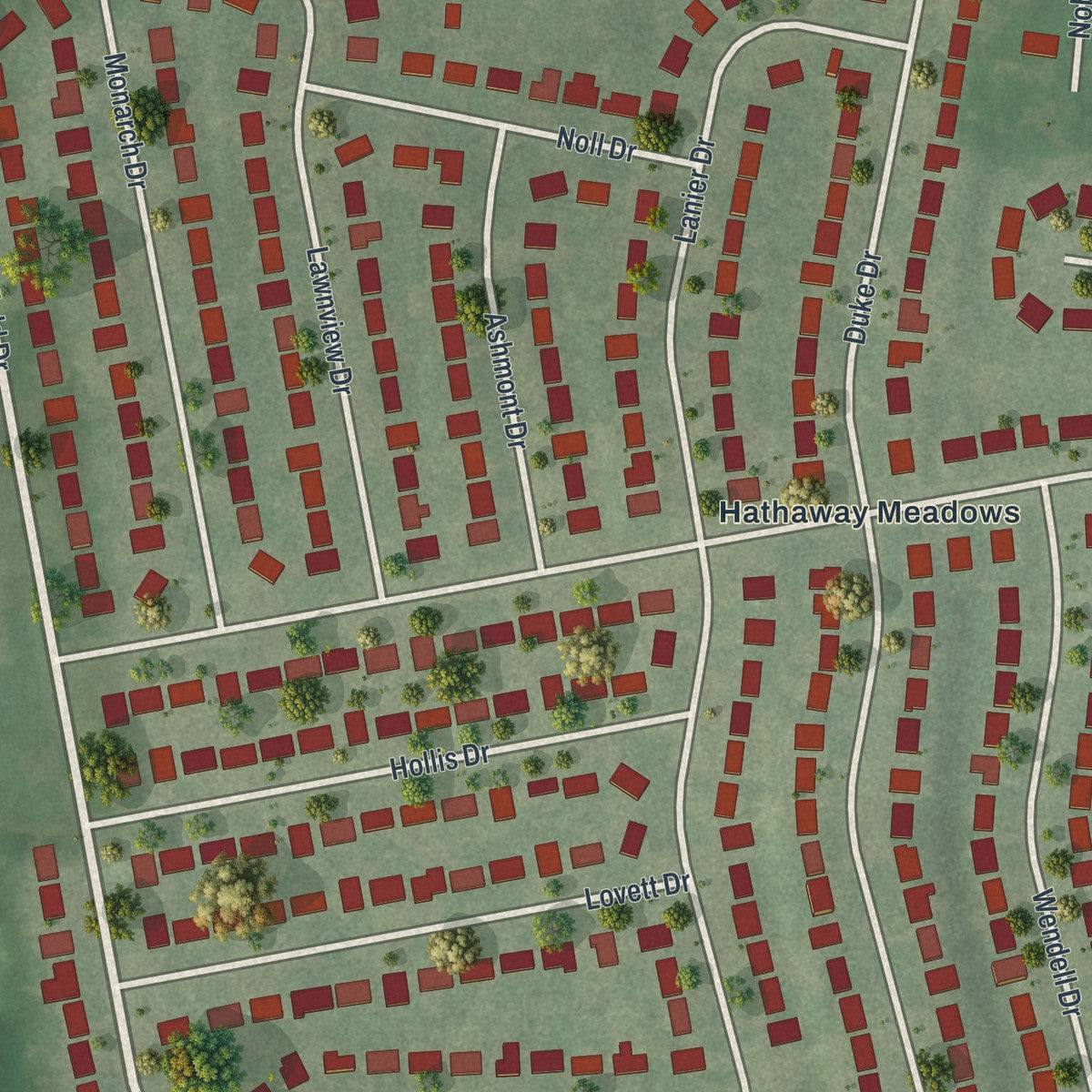 Close-up of the map of Moline Acres, Missouri print showing street and building detail