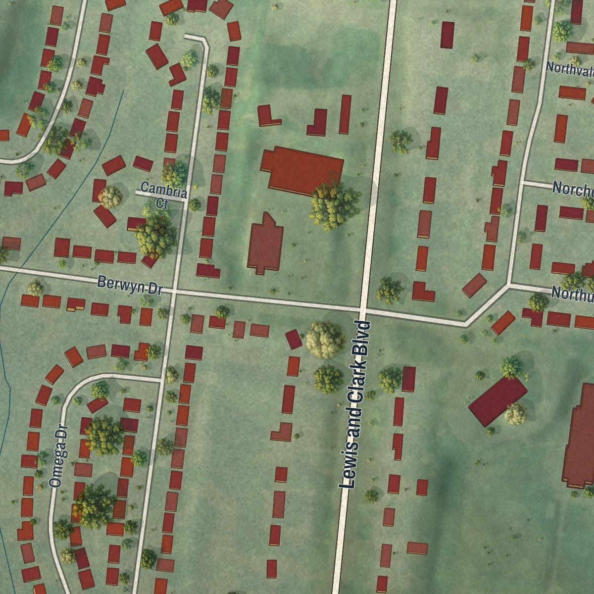 Second close-up of the map of Moline Acres, Missouri print showing more streets and buildings