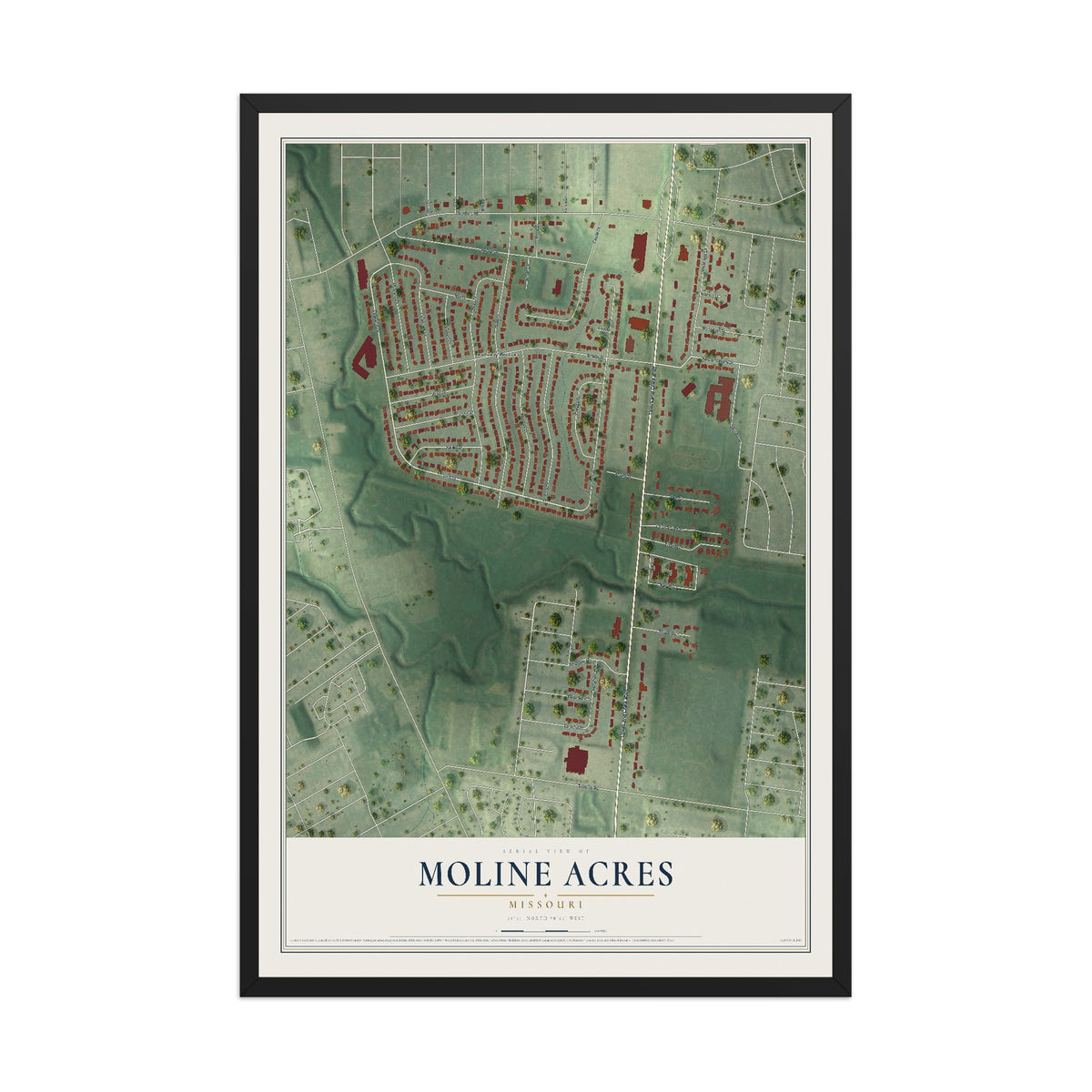 Map of Moline Acres, Missouri, 12 x 18 inch print in a black wood frame