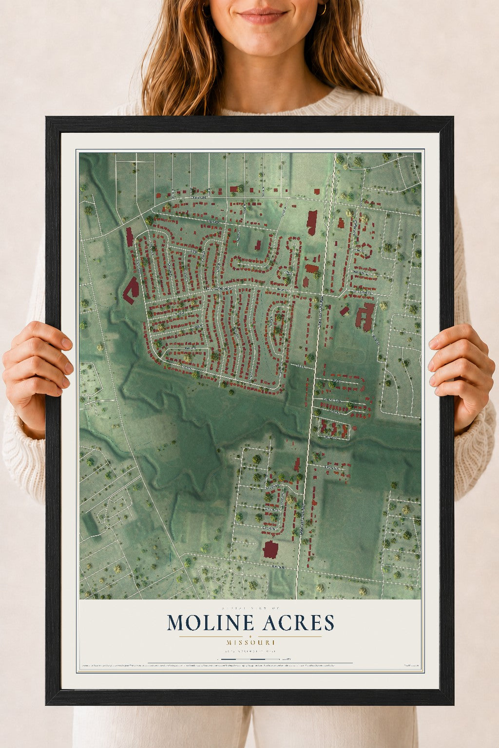 Map of Moline Acres, Missouri, 18 x 24 inch print in a black wood frame