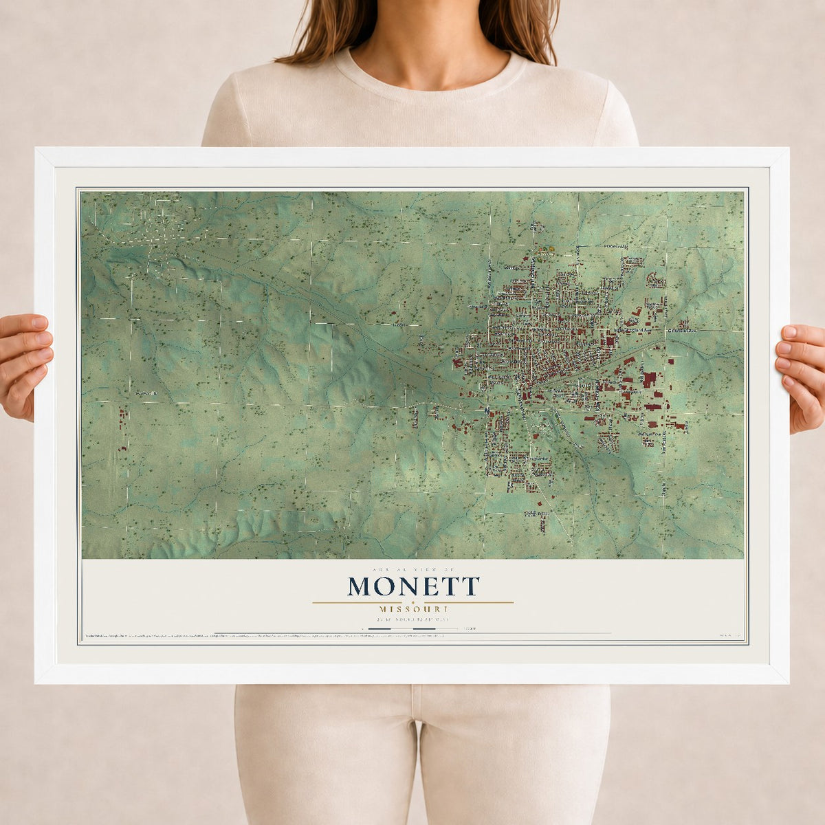 Map of Monett, Missouri, 18 x 24 inch print in a white wood frame