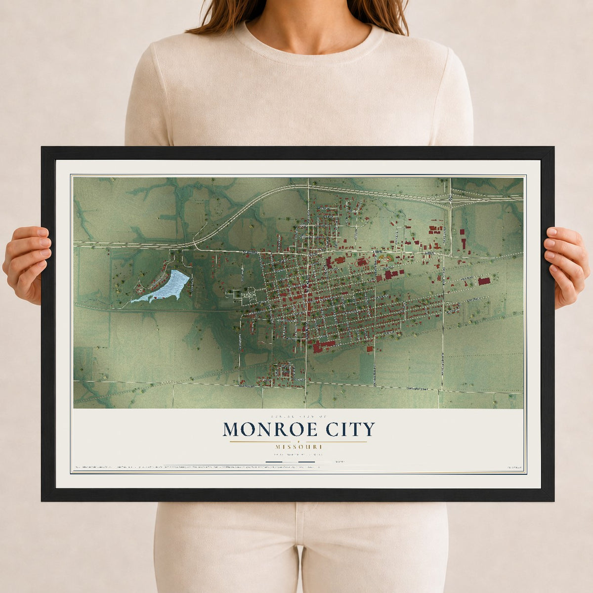 Map of Monroe City, Missouri, 12 x 18 inch print in a black wood frame