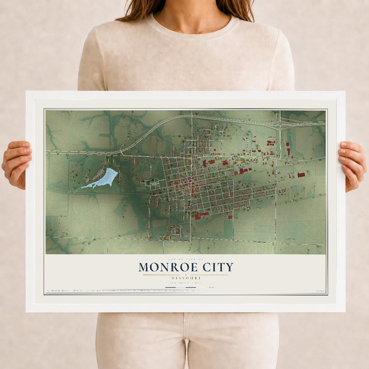 Map of Monroe City, Missouri, 12 x 18 inch print in a white wood frame