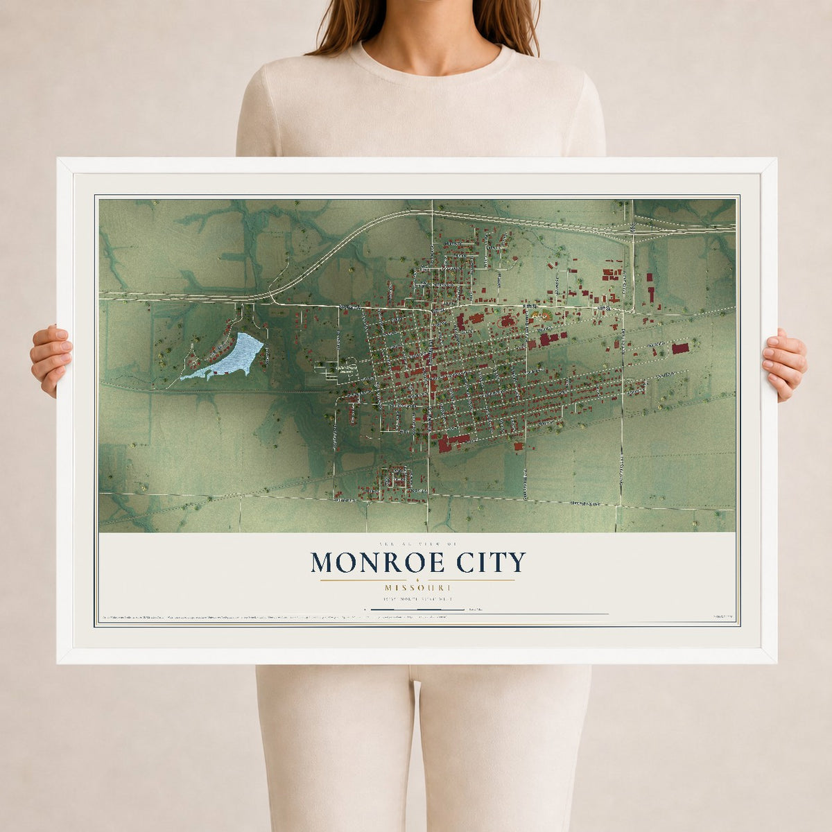 Map of Monroe City, Missouri, 24 x 36 inch print in a white wood frame