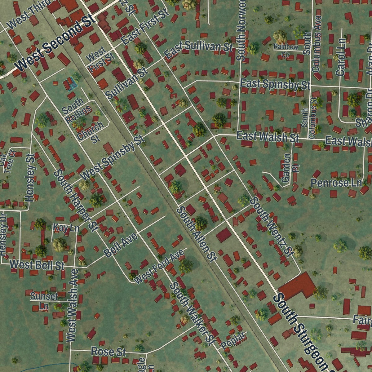 Second close-up of the map of Montgomery City, Missouri print showing more streets and buildings