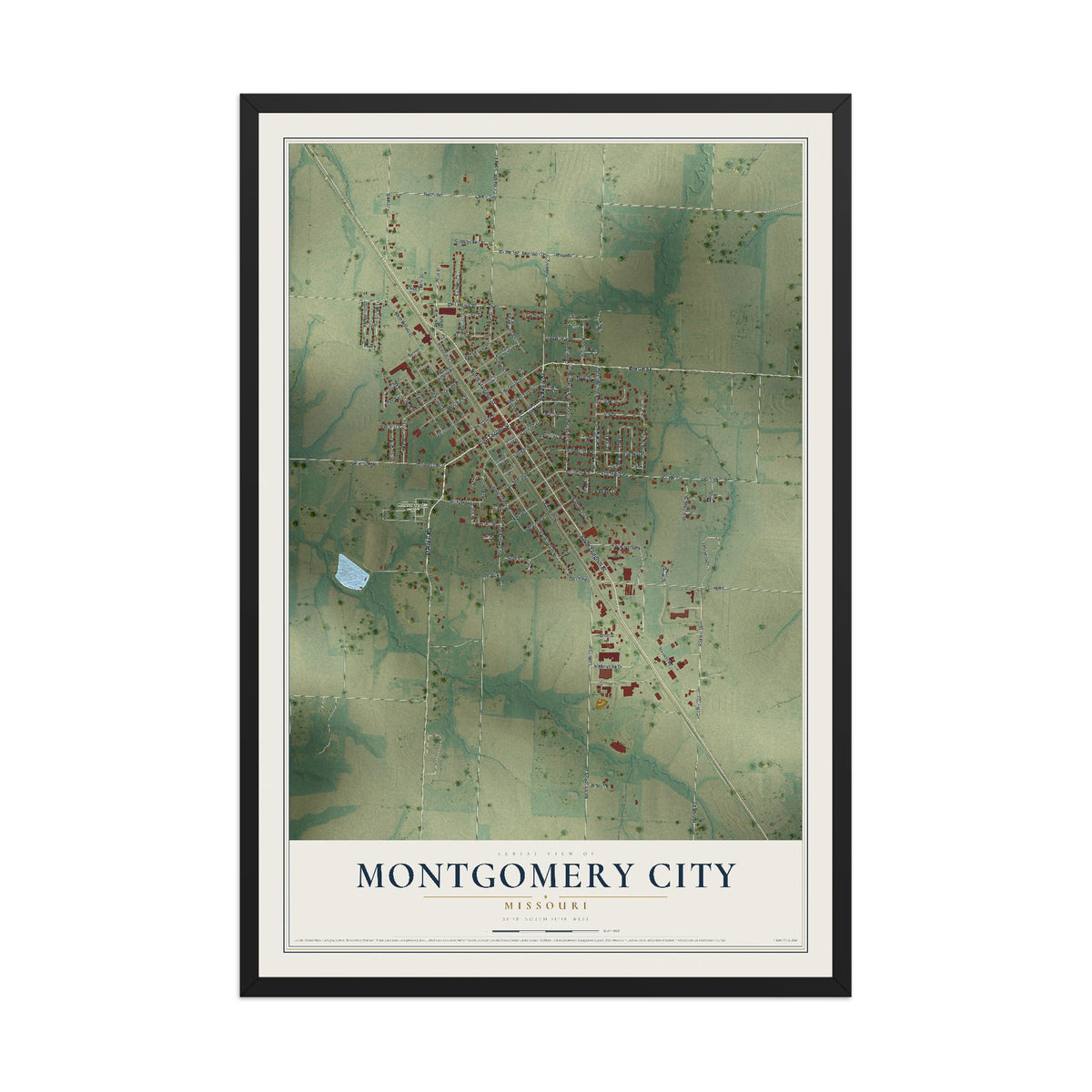Map of Montgomery City, Missouri, 12 x 18 inch print in a black wood frame